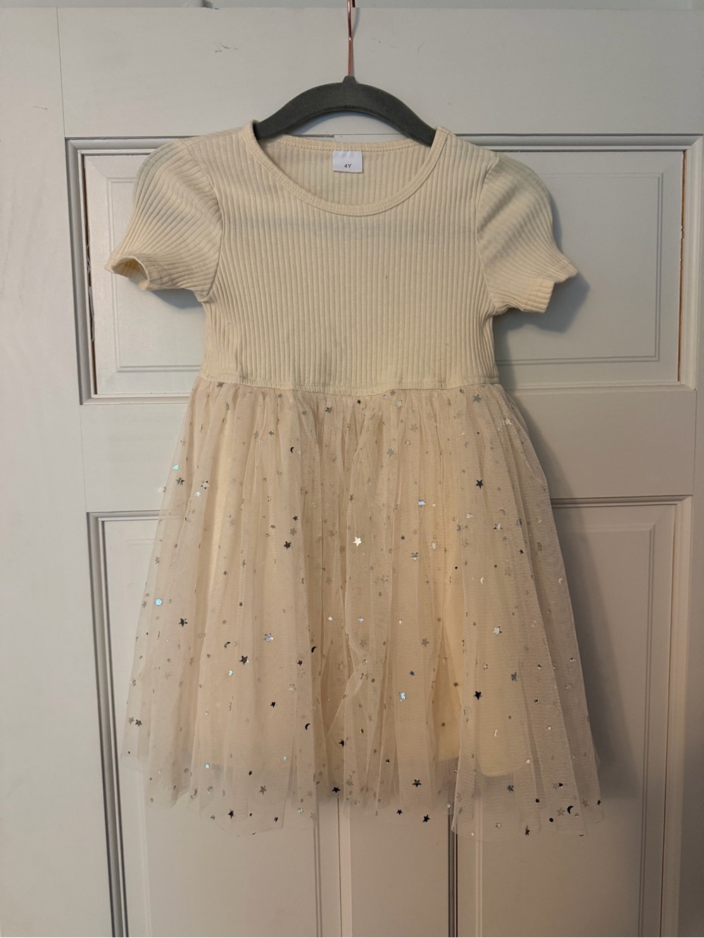 Cream Tulle Star Short Sleeve Dress 4T